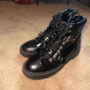 Black Patent Combat Boots with Studded Straps